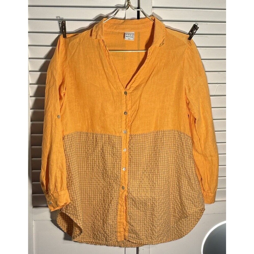 Pure Match Women's Tunic Shirt Long Sleeve Button Linen Blouse‎ Tangerine Large
